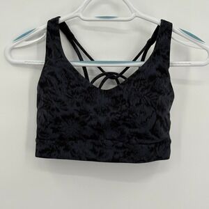 Athleta Womens V-Neck Strappy Back Sports Bra Black Grey Abstract Print Yoga Gym